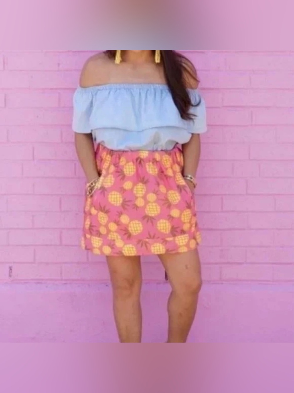 J. Crew Skirt Womens Size M Pink Yellow Pineapple Print Pockets Pull On